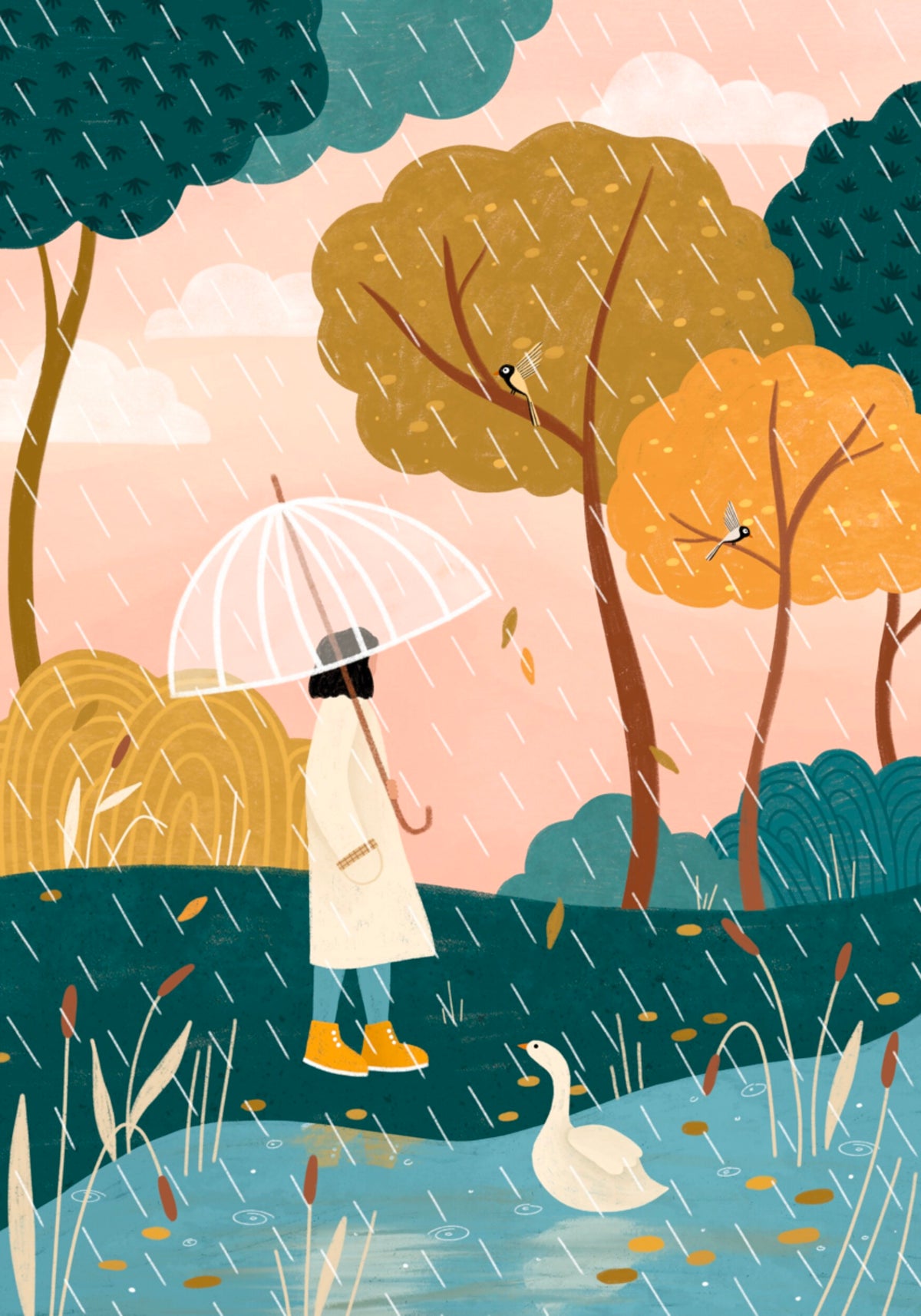 Camminare sotto la pioggia autunnale