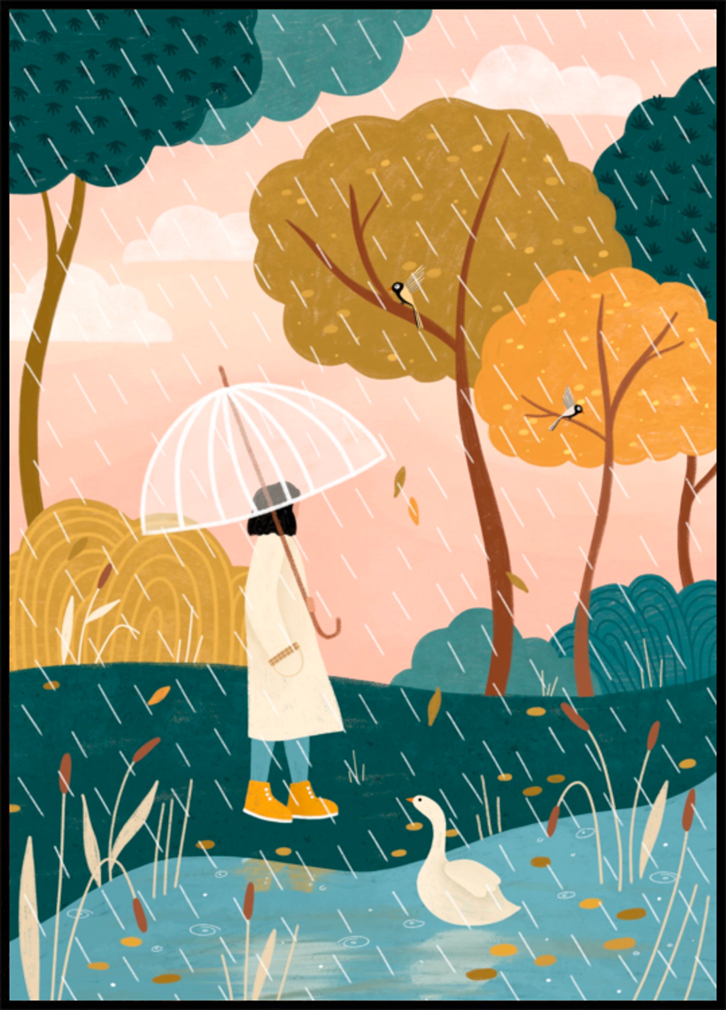 Camminare sotto la pioggia autunnale
