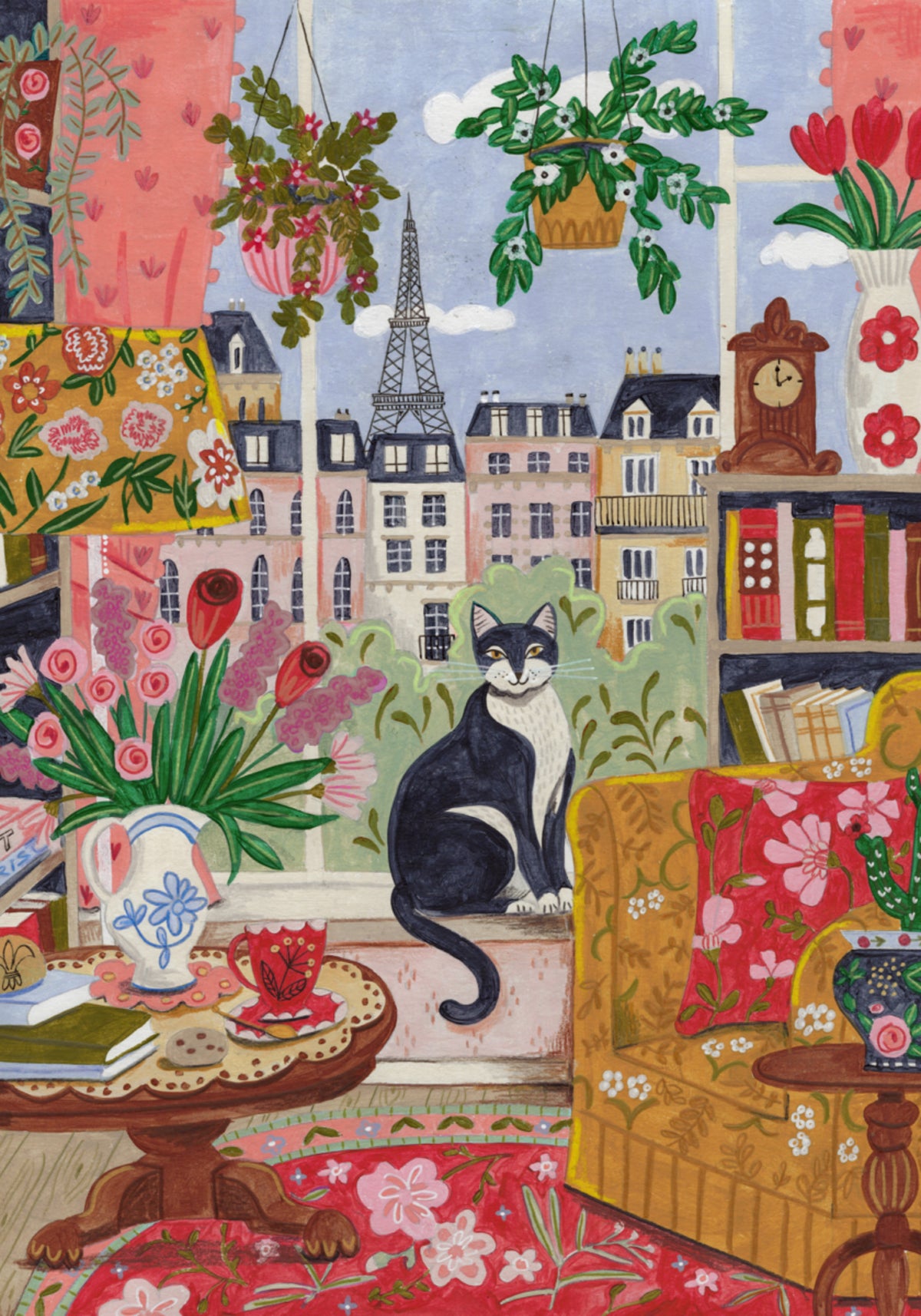 Gatto davanti alla finestra a Parigi dai colori vivaci