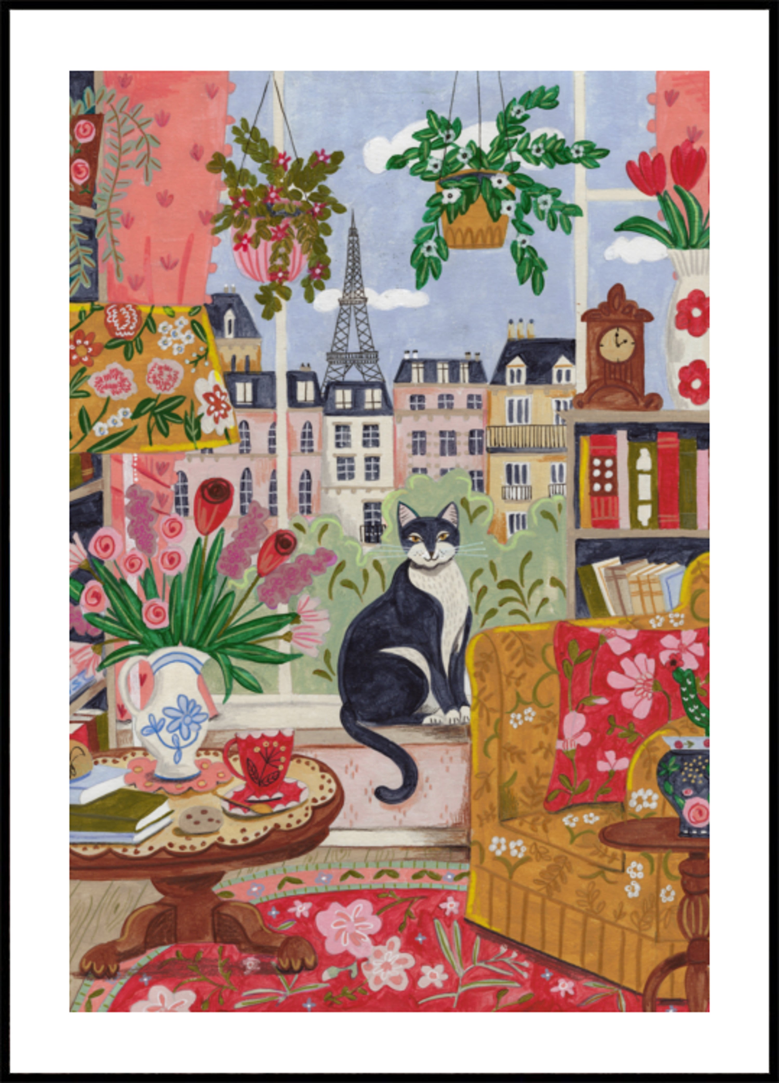 Gatto davanti alla finestra a Parigi dai colori vivaci