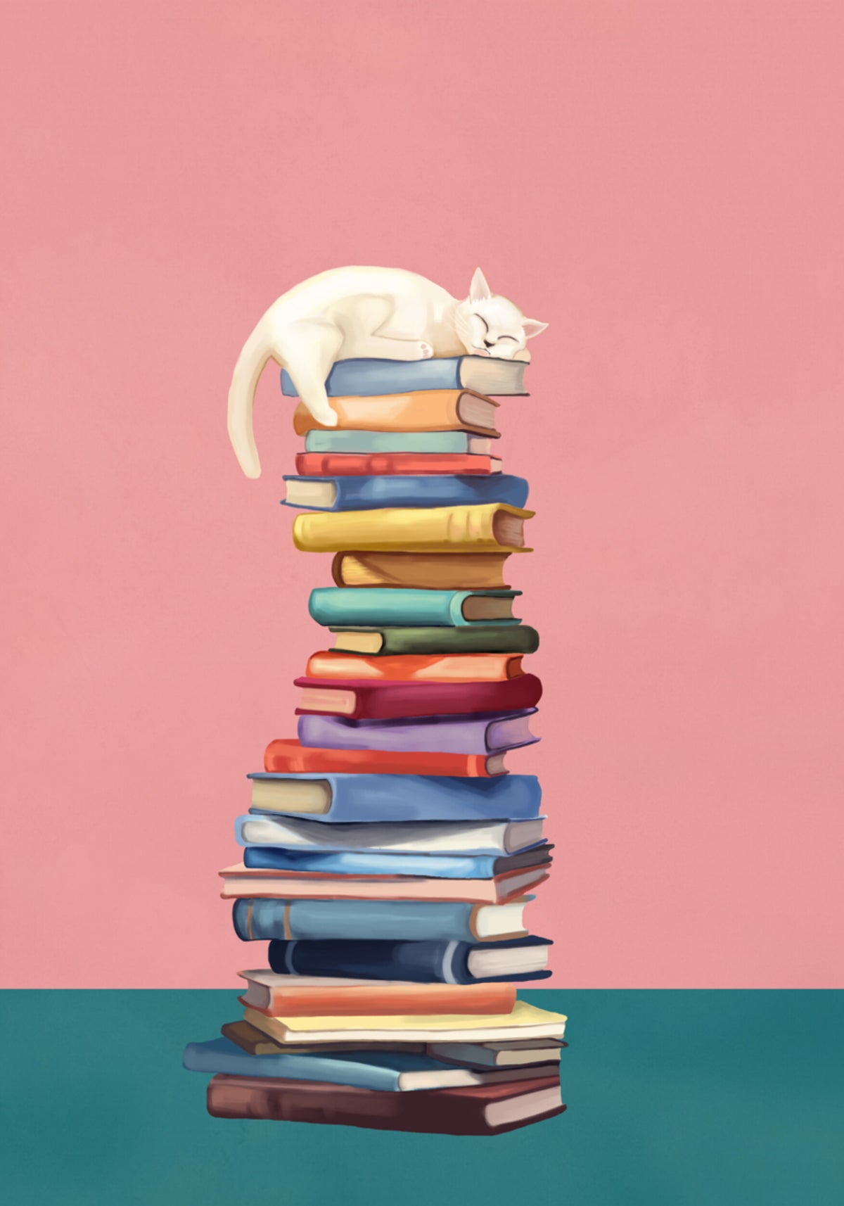 Gatto accogliente su libri colorati