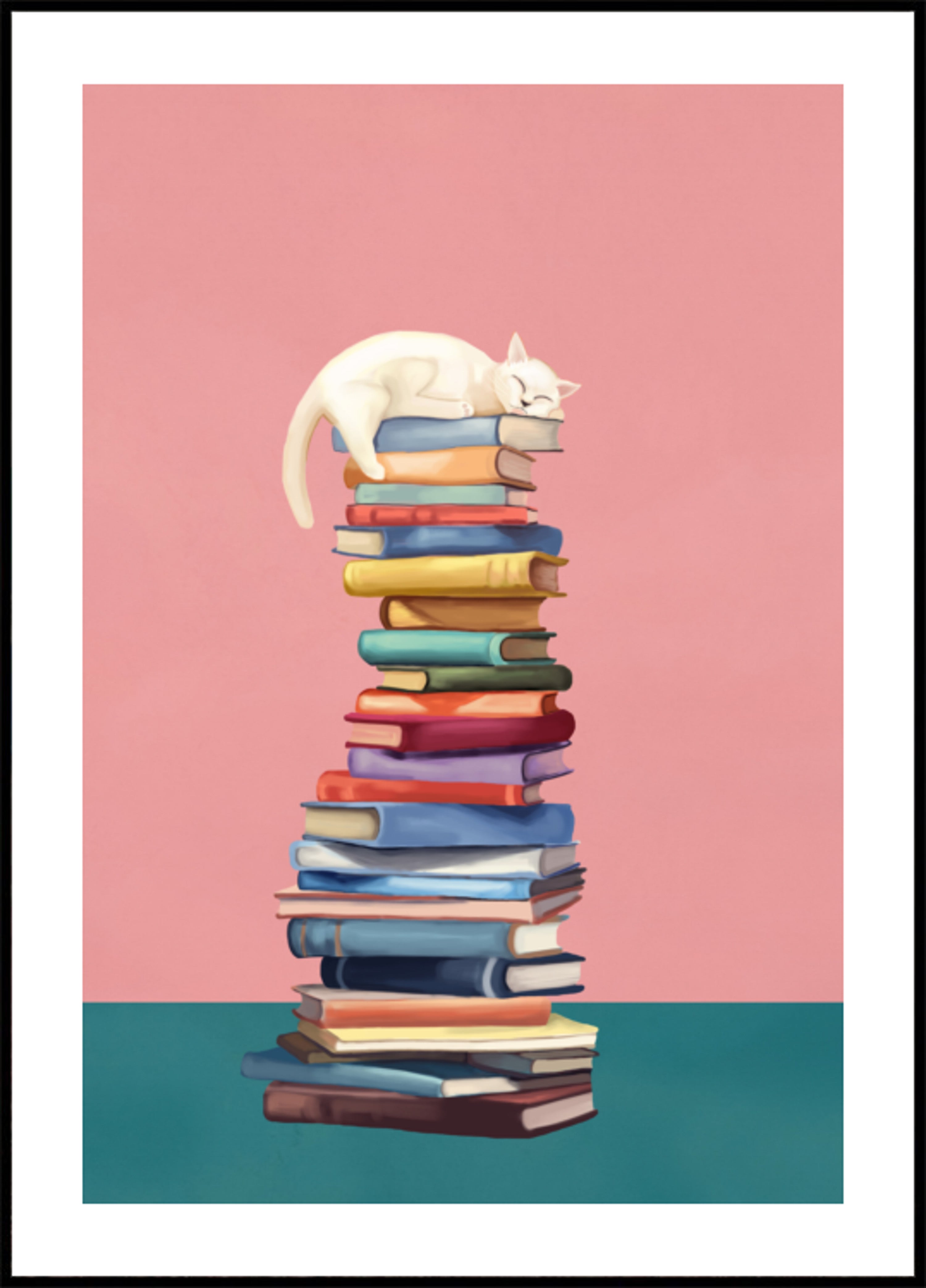 Gatto accogliente su libri colorati