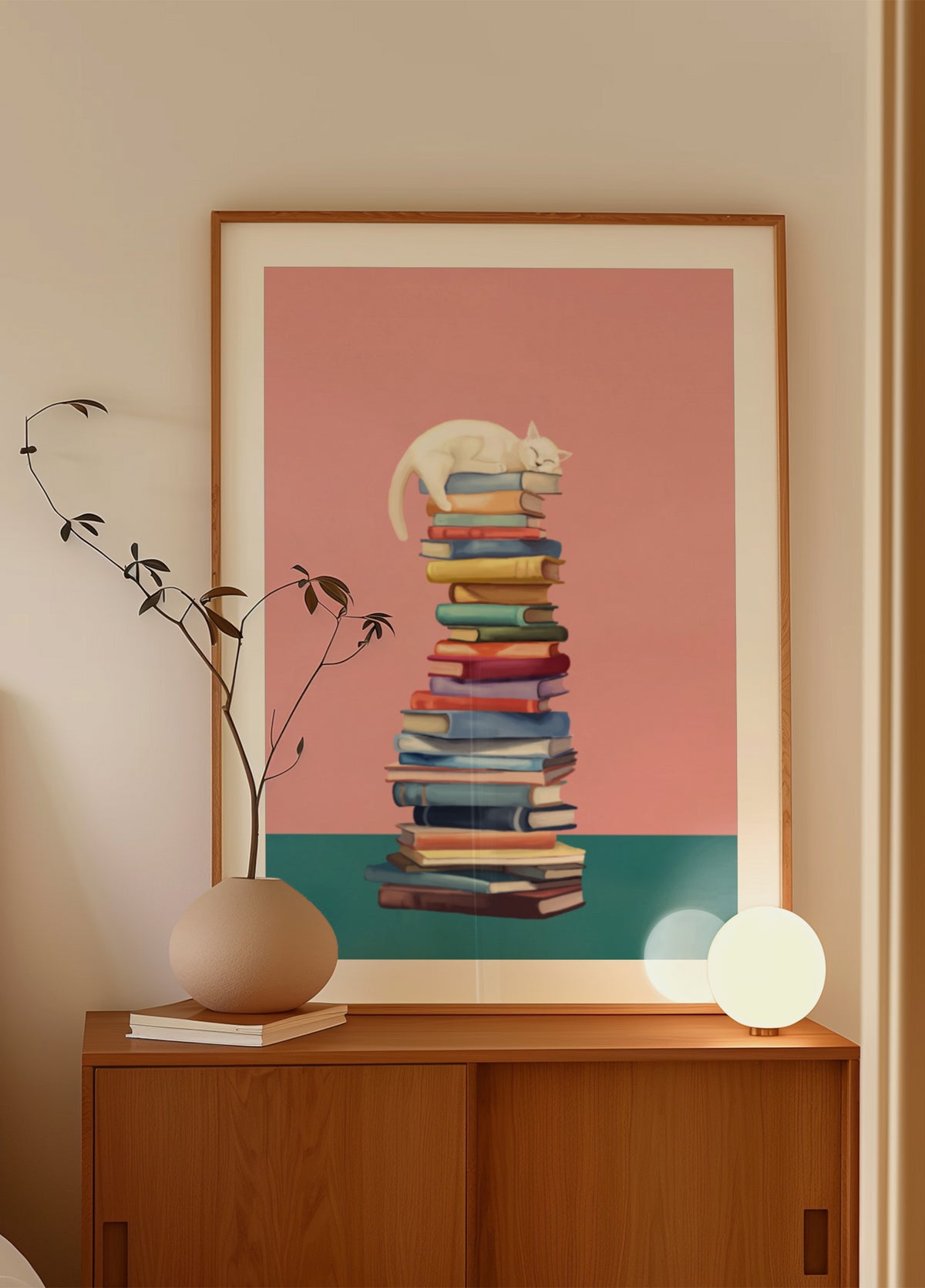 Gatto accogliente su libri colorati