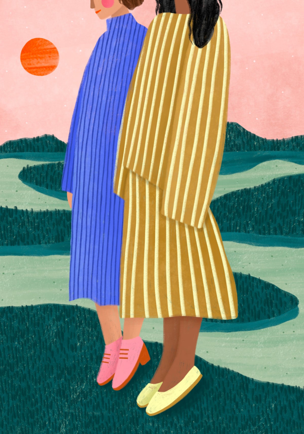 Le donne si affacciano sul paesaggio sereno