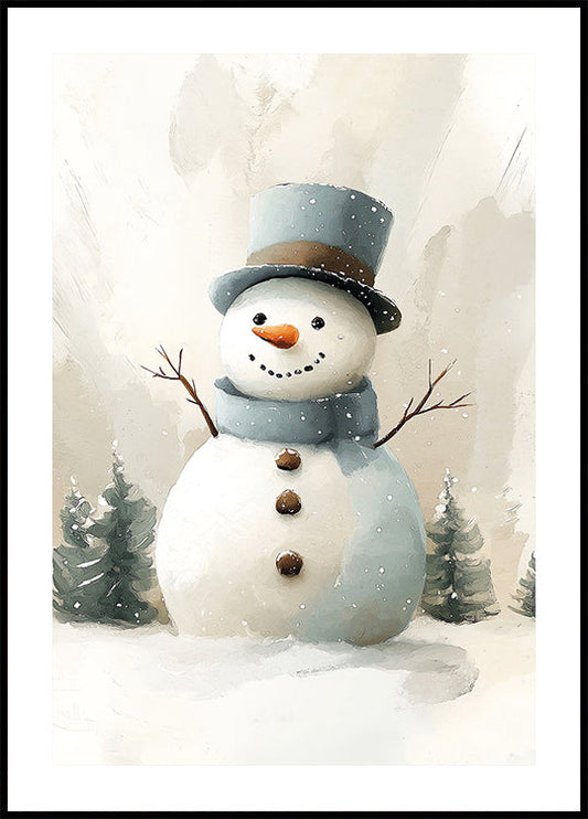 a painting of a snowman wearing a hat and scarf