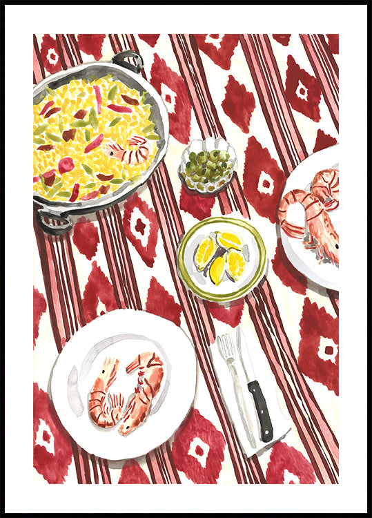 Un'illustrazione vivace e colorata di una tavola apparecchiata con una varietà di piatti, tra cui una grande ciotola di riso, un piatto di gamberetti e un piatto di frutta.