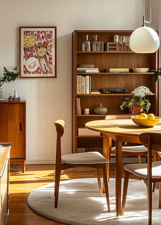 un'accogliente sala da pranzo con tavolo e sedie in legno, una libreria e un'opera d'arte incorniciata sul muro.
