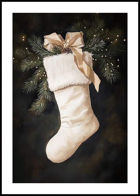 Christmas Stocking with Pine and Ribbon Plakat - Posterbox