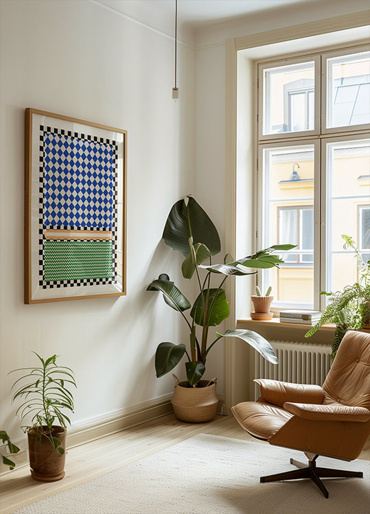 Motivo geometrico con poster di diamanti blu e bianchi