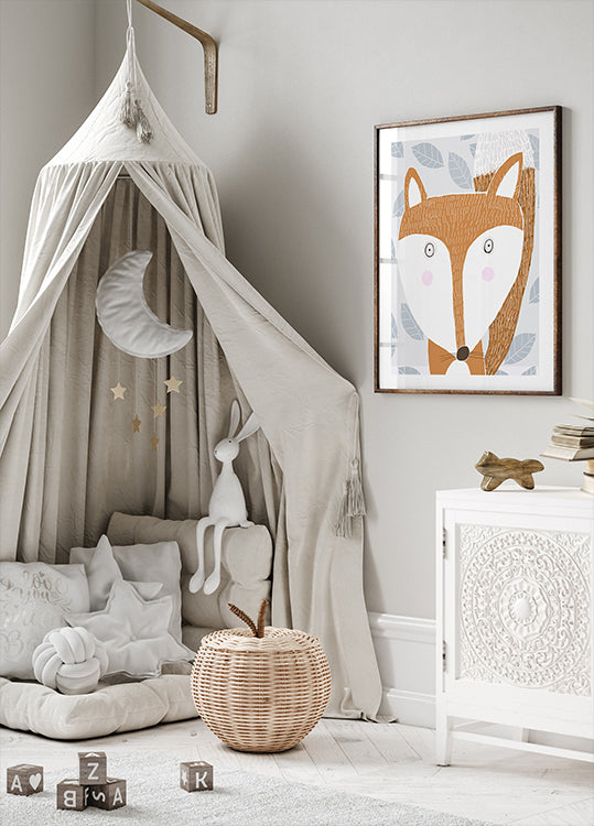 Poster con simpatica volpe rossa con motivo a foglie grigie dell'artista Carla Daly