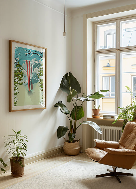 Poster di sci in cima alla montagna