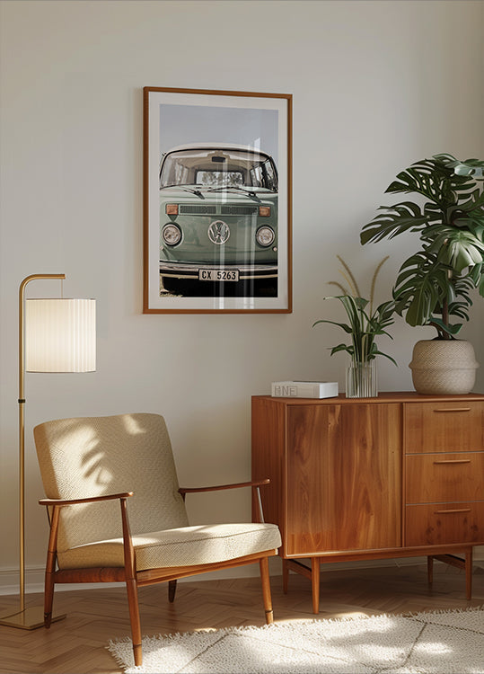 Poster di automobili dal design classico in tenui toni verdi
