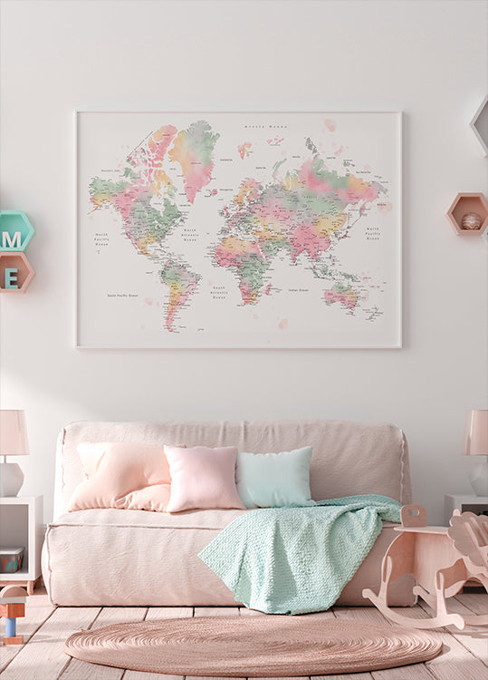 Mappa del mondo in acquerello pastello con città, Anjah