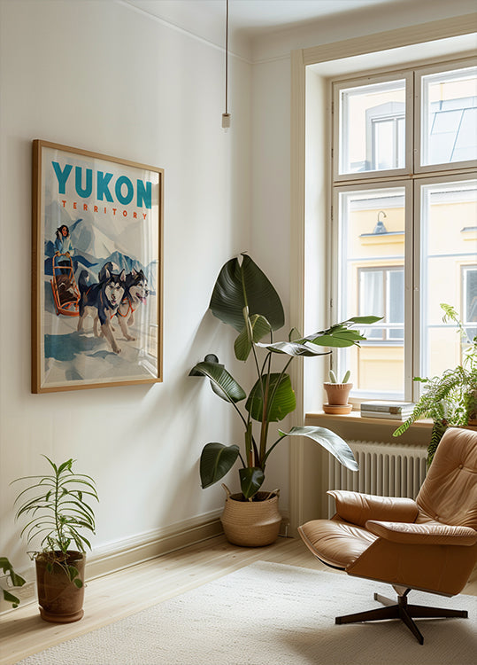 Poster di viaggio con slitta trainata da cani nel territorio dello Yukon