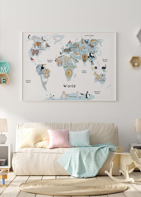 Mappa del mondo illustrata con poster di simpatici animali