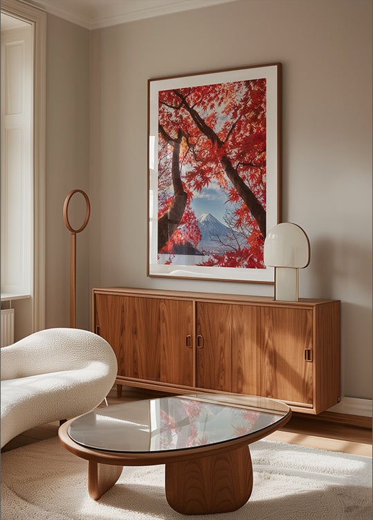 Il Monte Fuji è tra le foglie autunnali Poster