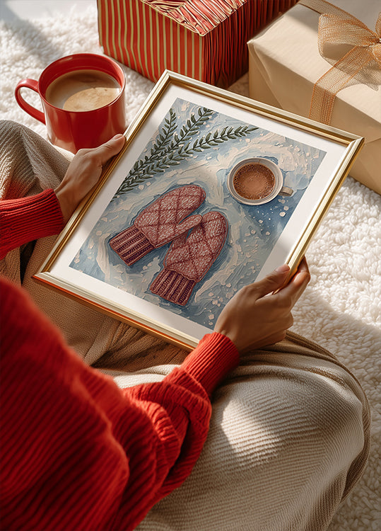 Schuhe im Schnee mit Kakao Poster