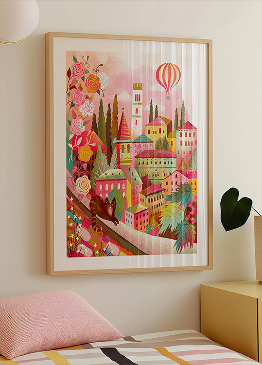 Villaggio italiano con il gatto sul poster da parete