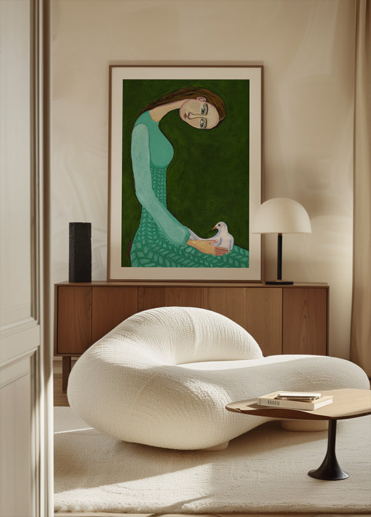 Poster Signora seduta con colomba bianca uccello donna