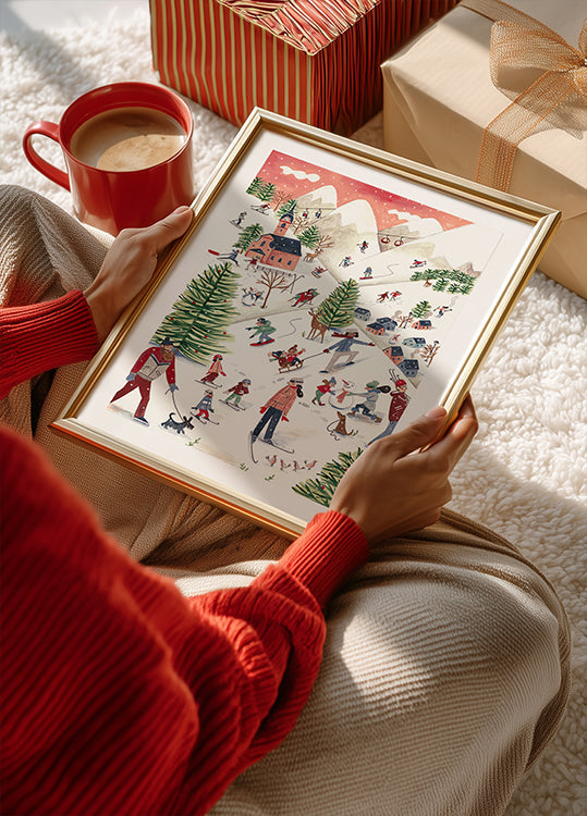 Poster Paesaggio montano con case nella neve