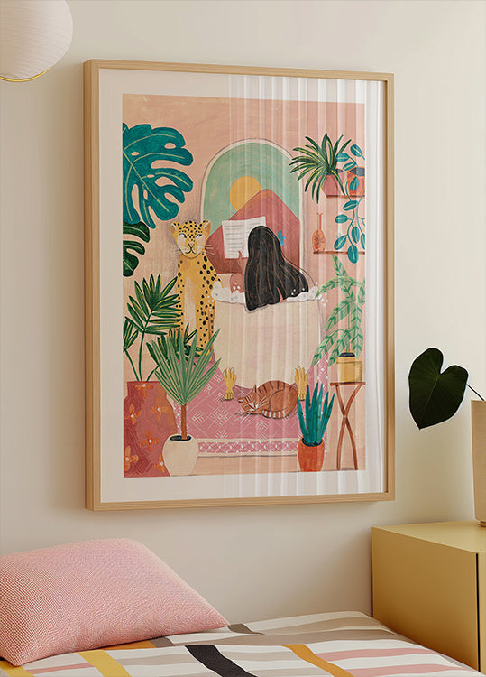 Poster Donna che fa il bagno nel bagno tropicale rosa