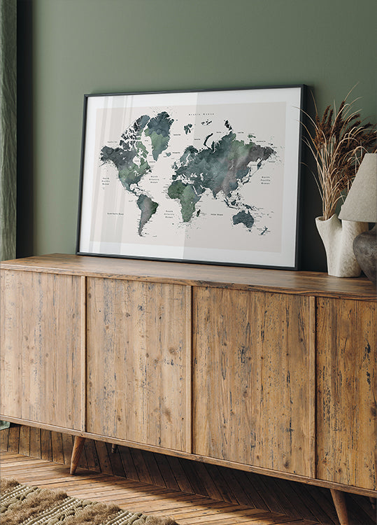 Mappa del mondo ad acquerello con città, Makoa (NUOVO)