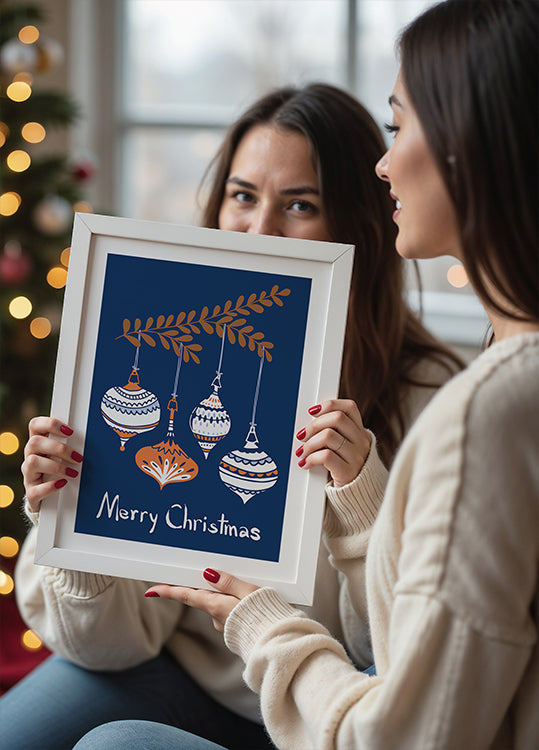 Poster blu con allegre palline di Natale
