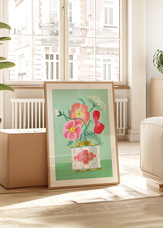 Papaveri nel poster del tè al gelsomino