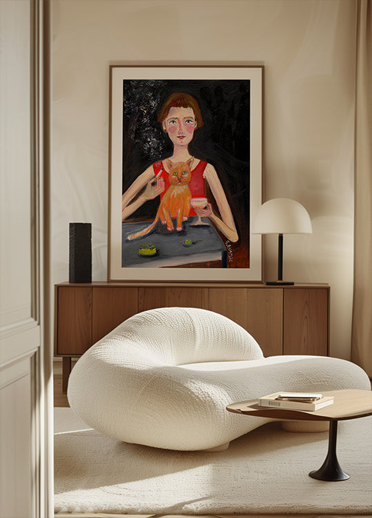 Donna vintage con cocktail e gatto Poster