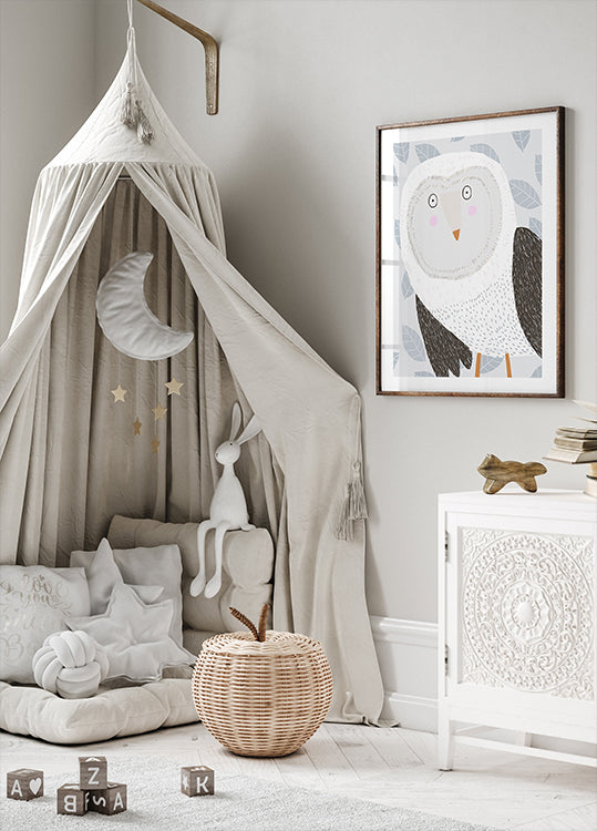 Divertente gufo invernale con motivo a foglie grigie dell'artista Carla Daly (NUOVO)