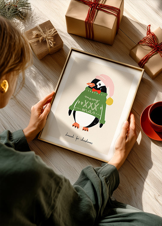 Vestito per il poster del pinguino festivo di Natale