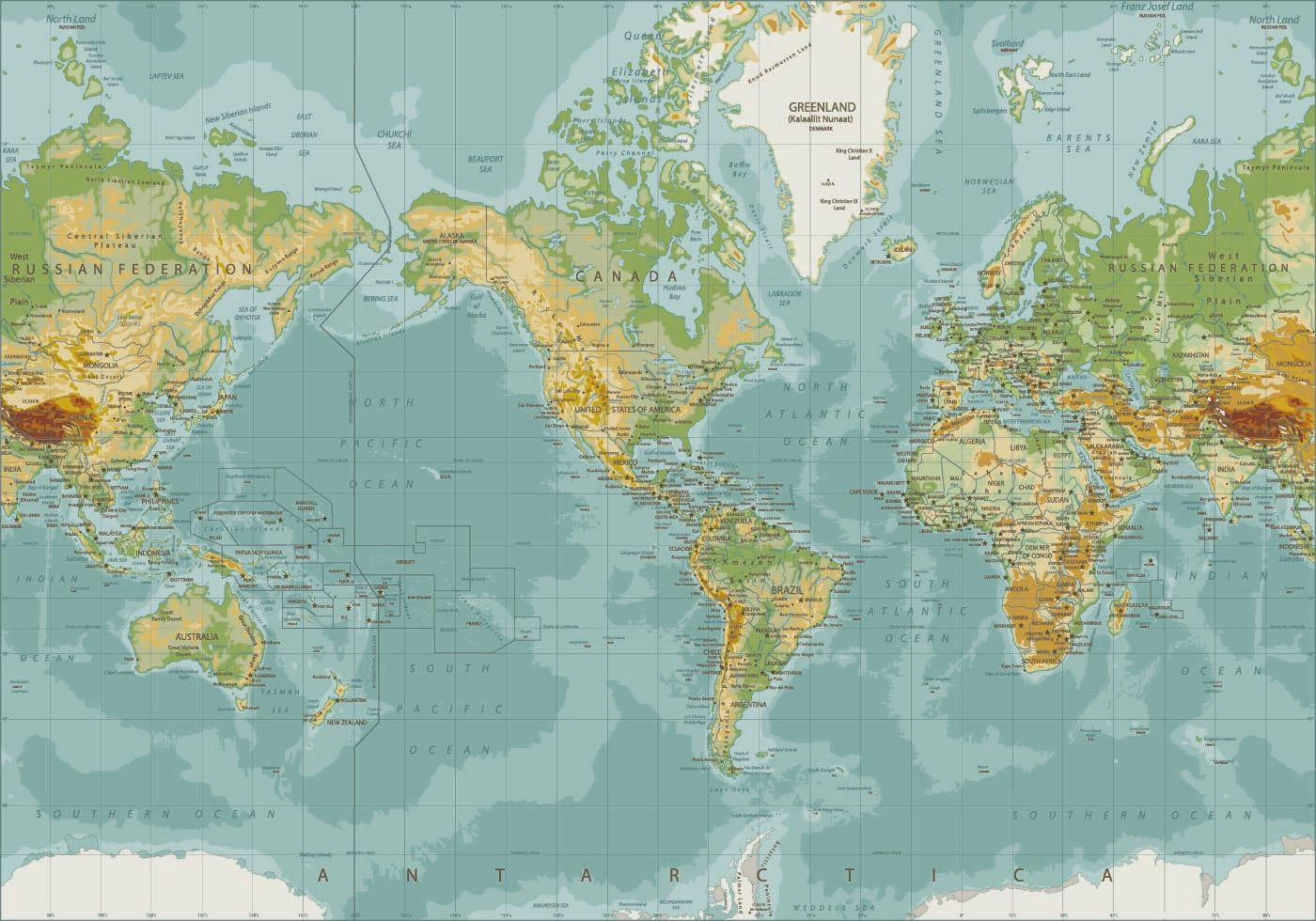Physical World Map Plakat - Posterbox.dk