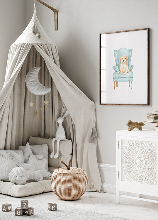 Puppy in Blue Armchair Plakat - Posterbox.dk