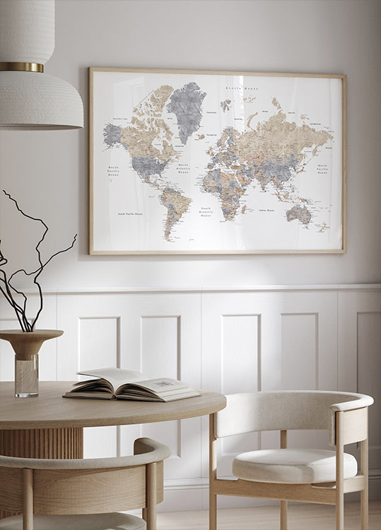 Watercolor world map with cities, Gouri Plakat - Posterbox