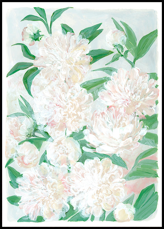 L'immagine è un dipinto vibrante e rigoglioso di una varietà di fiori bianchi e rosa, comprese le peonie, circondati da foglie verdi.