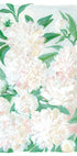 L'immagine è un dipinto vivace e colorato di una varietà di fiori bianchi e rosa, comprese le peonie, su uno sfondo azzurro.