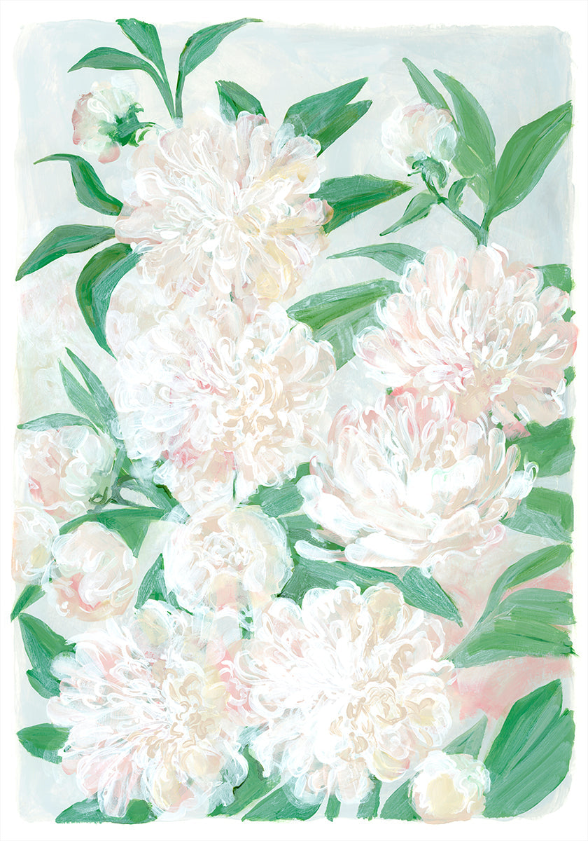 L'immagine è un dipinto vivace e colorato di una varietà di fiori bianchi e rosa, comprese le peonie, su uno sfondo azzurro.