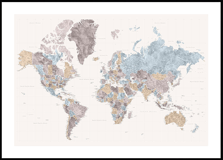 Mahler highly detailed world map with cities Plakat - Posterbox