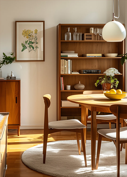 un soggiorno accogliente e ben organizzato con una libreria in legno, un tavolo rotondo in legno e una sedia in legno. La stanza ha un'atmosfera calda e invitante, con la luce naturale che filtra dalla finestra.