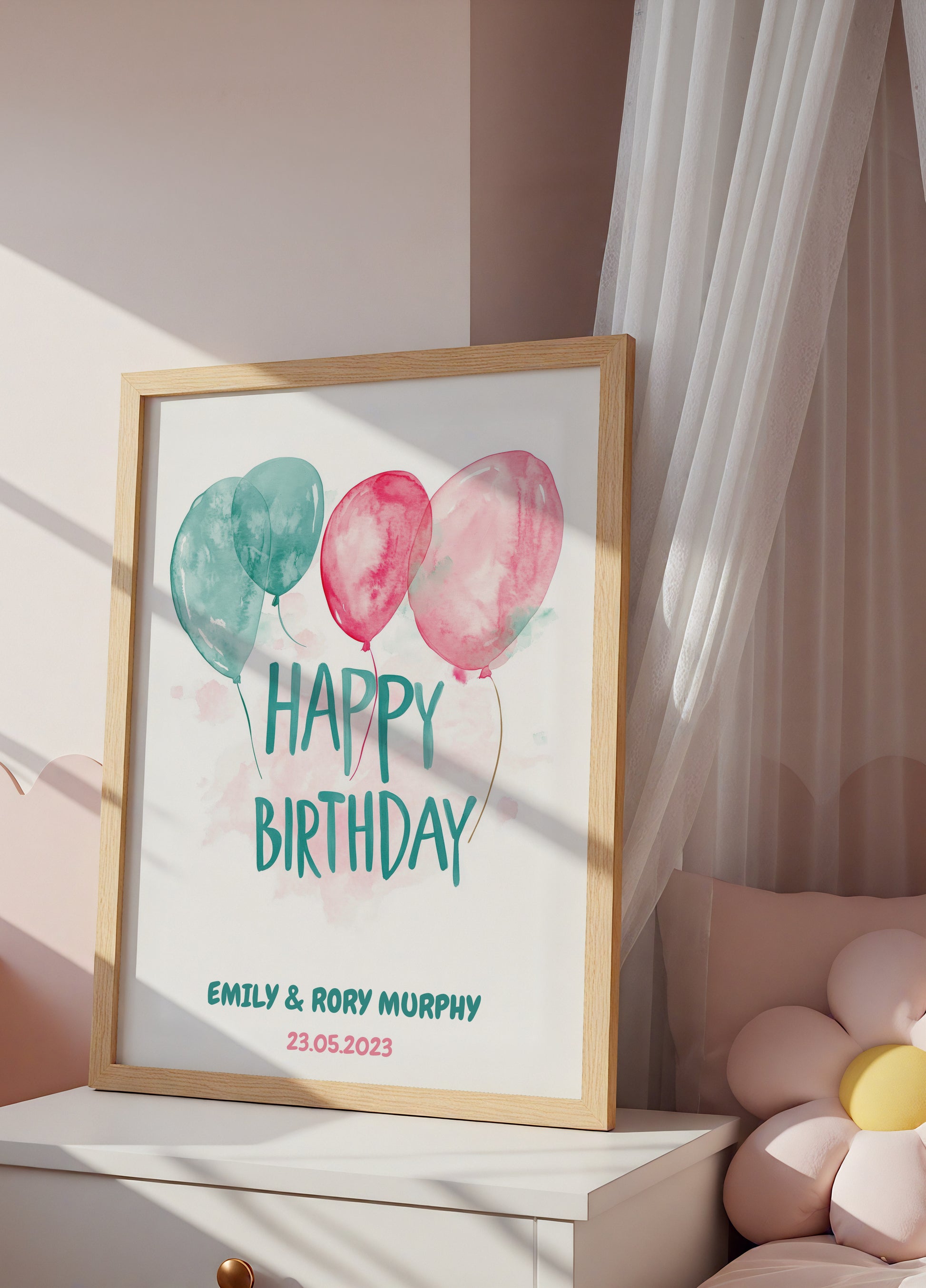 Poster personalizzato con palloncini ad acquerello per compleanno