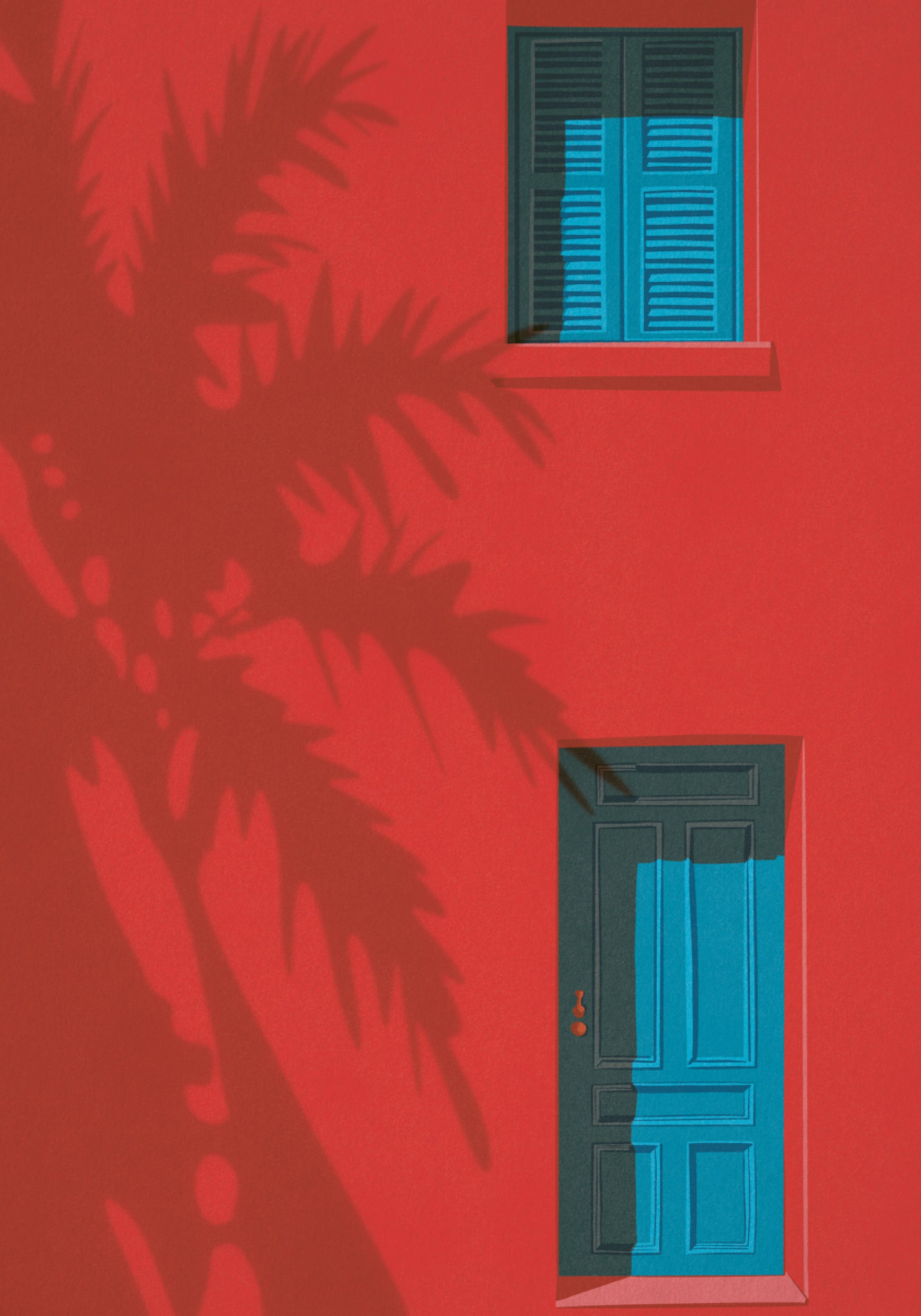 Porta blu della parete rossa