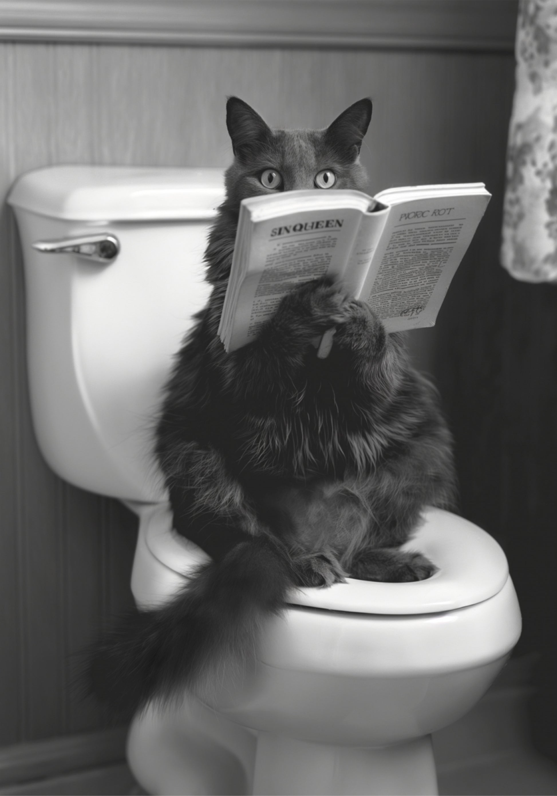 Gatto che legge sulla toilette