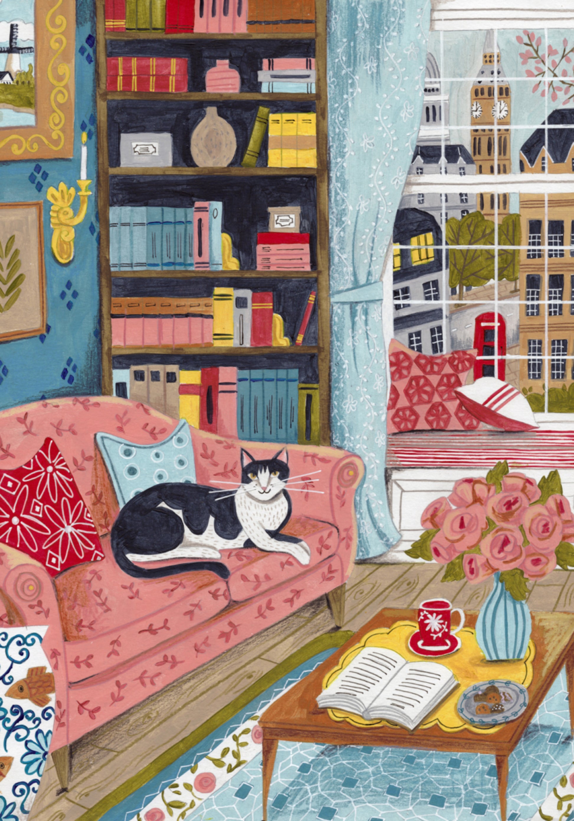 Gatto sul divano in colori pastello di Londra