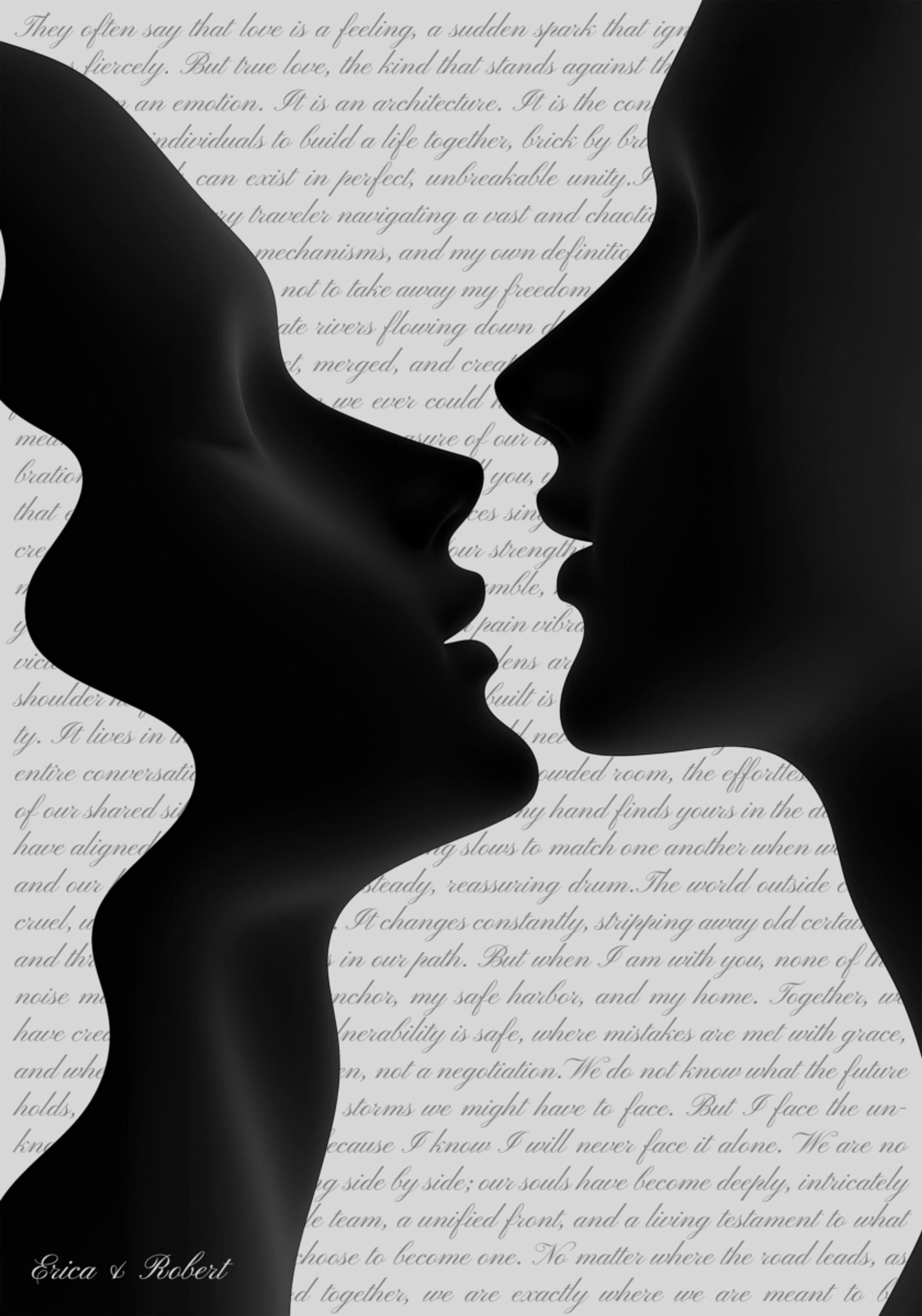 Silhouette romantica in stretto abbraccio con testo delicato