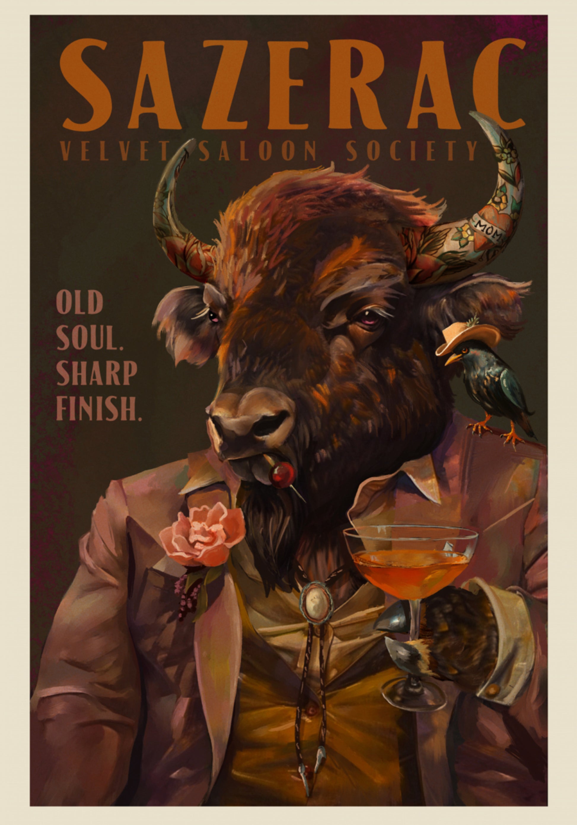 Buffalo che beve il cocktail Sazerac. Barretta di alcolici e liquori art