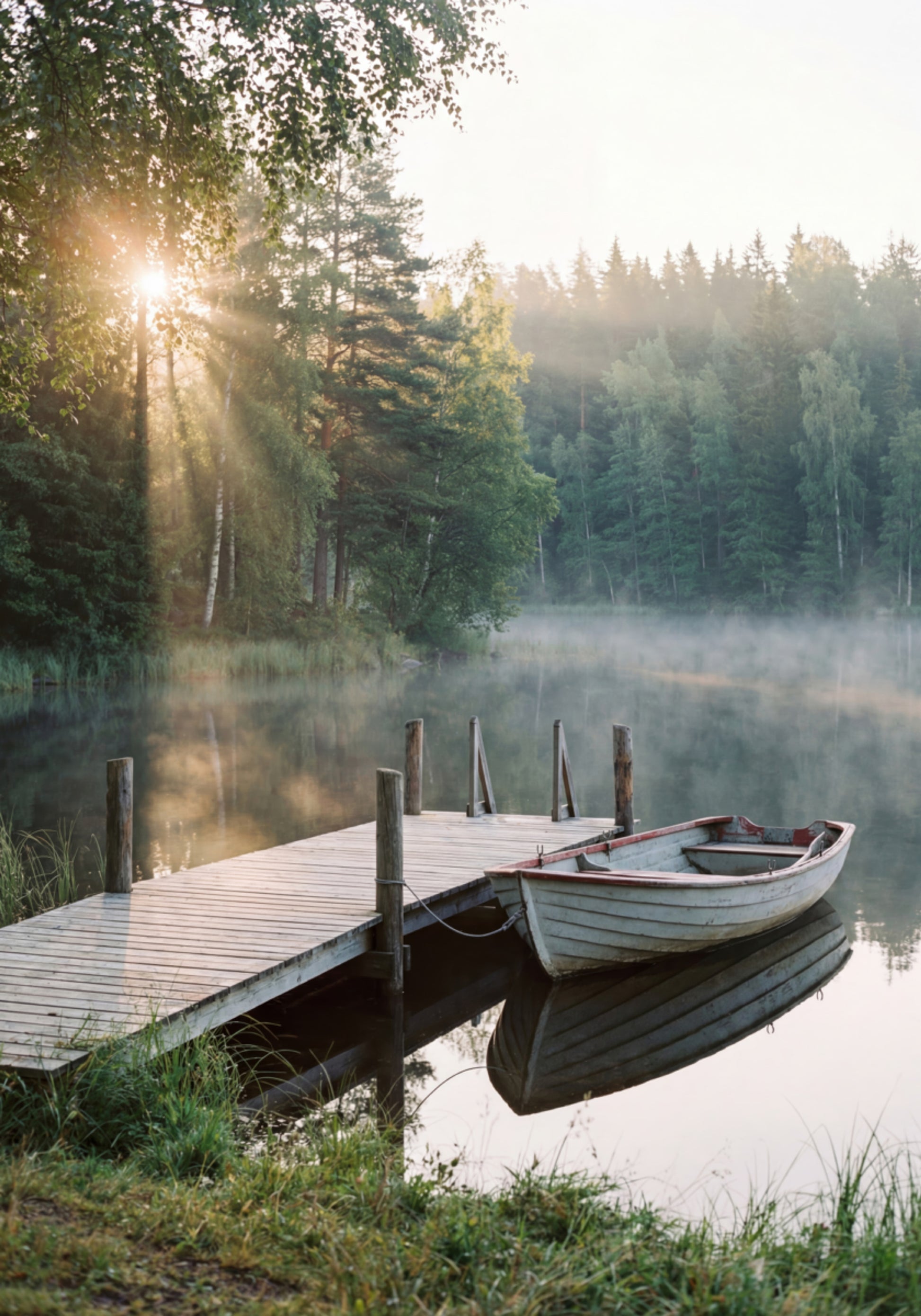 Barca sul lago di mattina nebbiosa