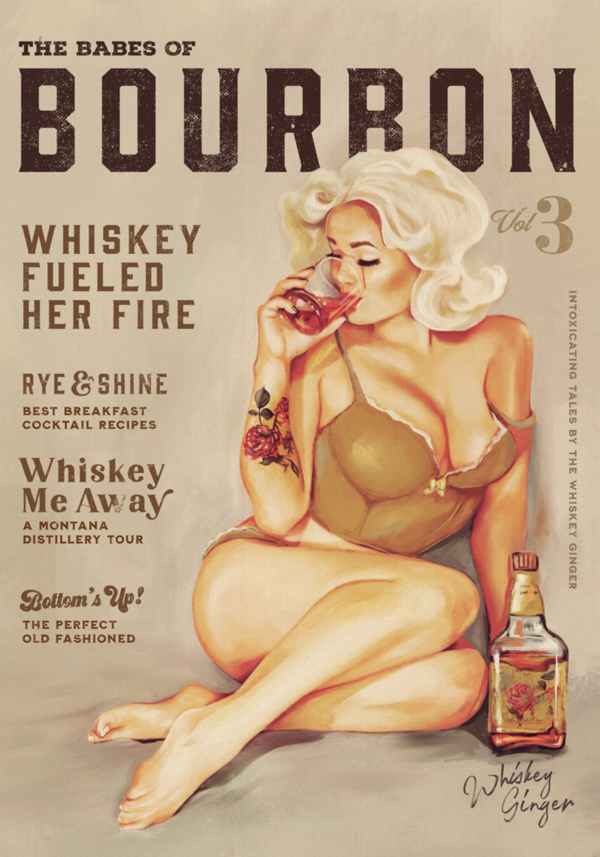 Arte del muro borbonico. Ragazza sexy vintage Pin Up che beve whisky