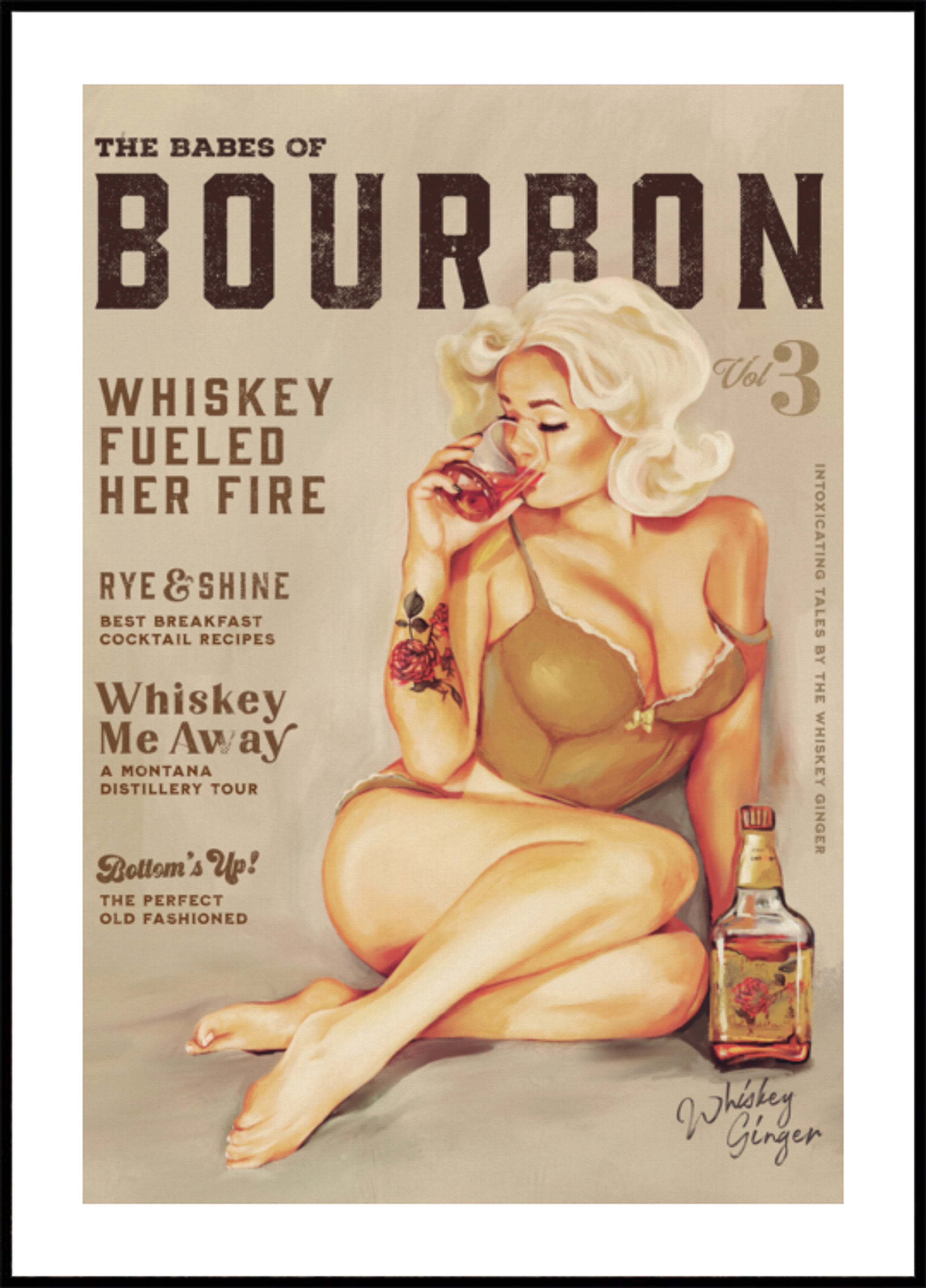 Arte del muro borbonico. Ragazza sexy vintage Pin Up che beve whisky