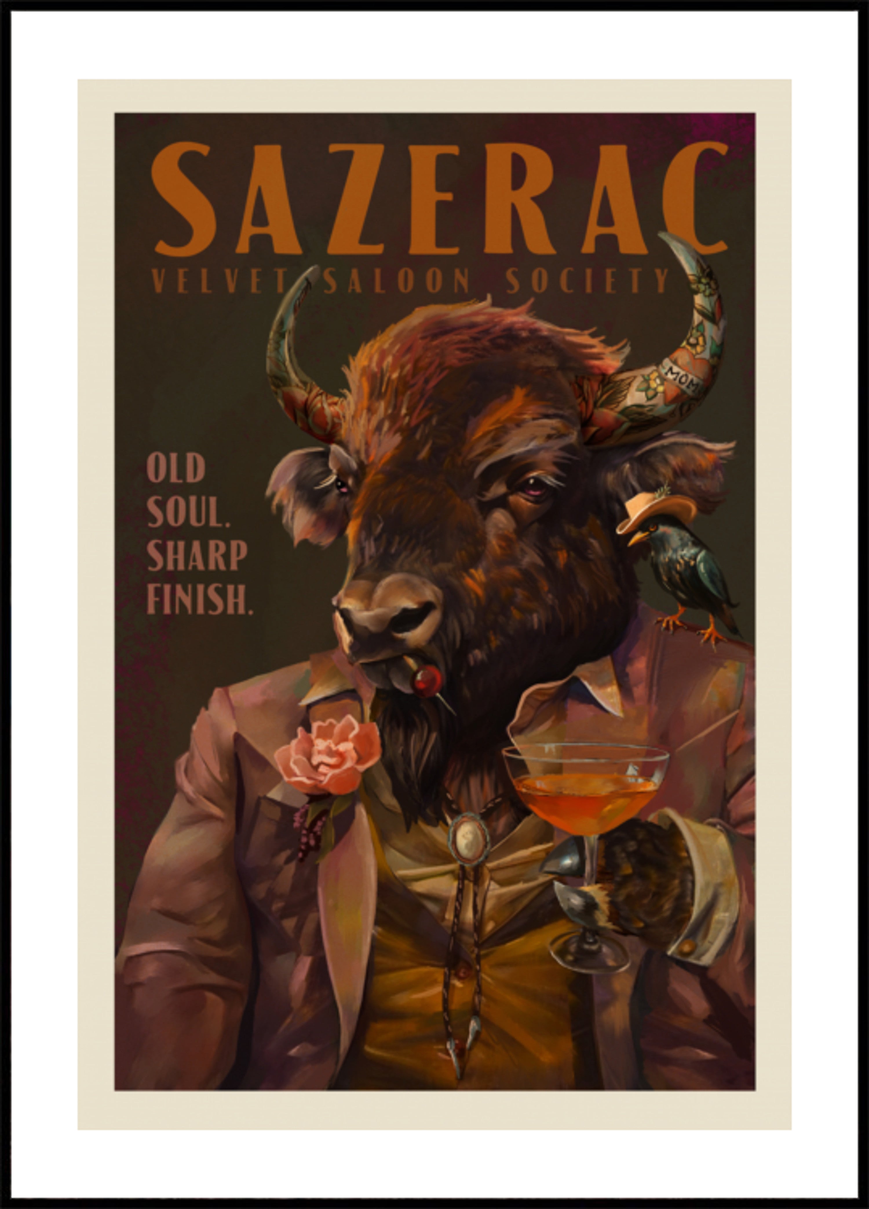 Buffalo che beve il cocktail Sazerac. Barretta di alcolici e liquori art