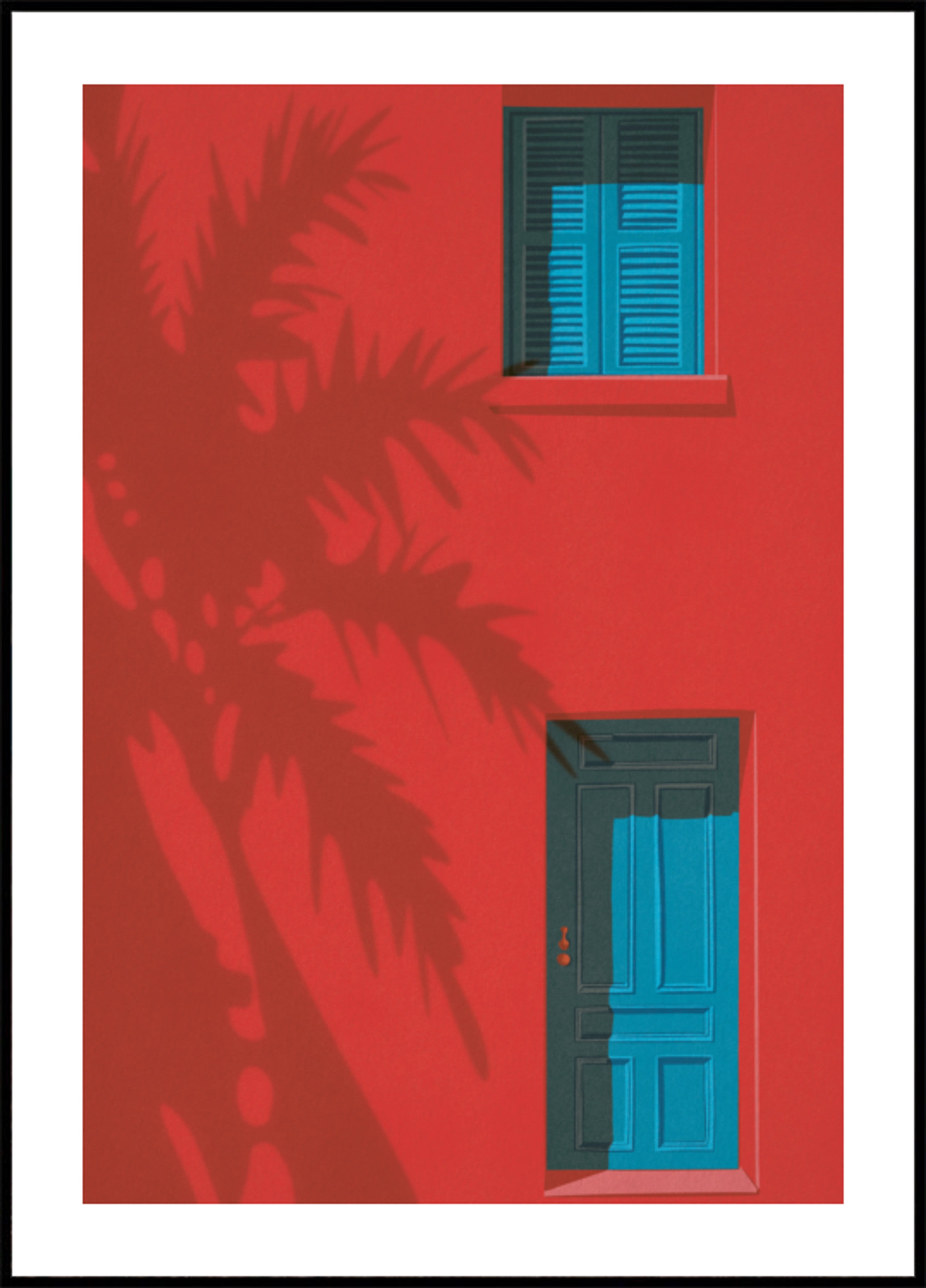 Porta blu della parete rossa